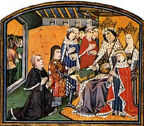 Contemporary image of Edward V and his parents, Edward IV and Elizabeth Woodville